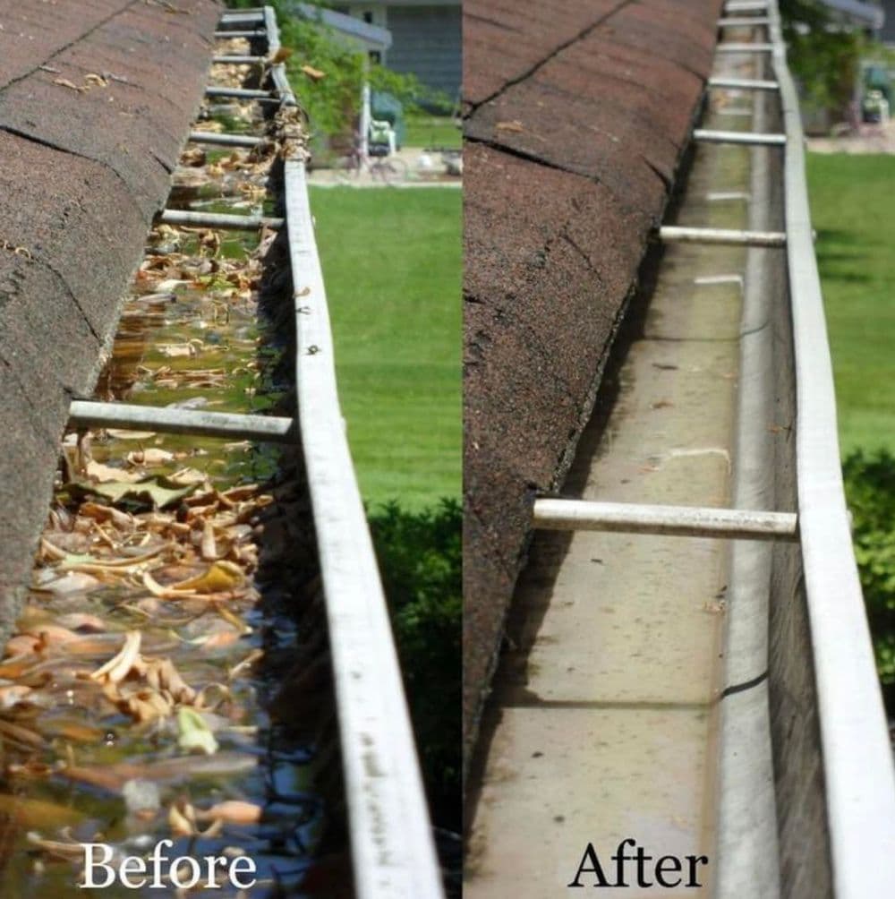 Before and after gutter cleaning showing debris-filled versus clean gutters.