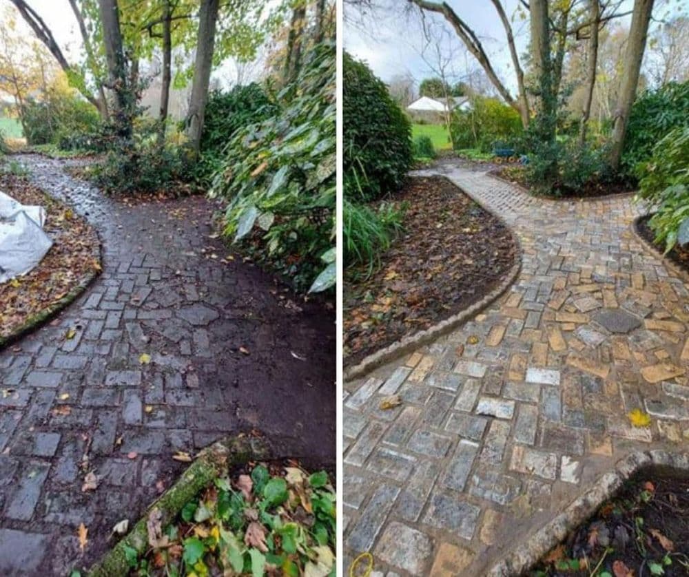 Before and after transformation of a garden pathway, showcasing cleanliness and new paving.